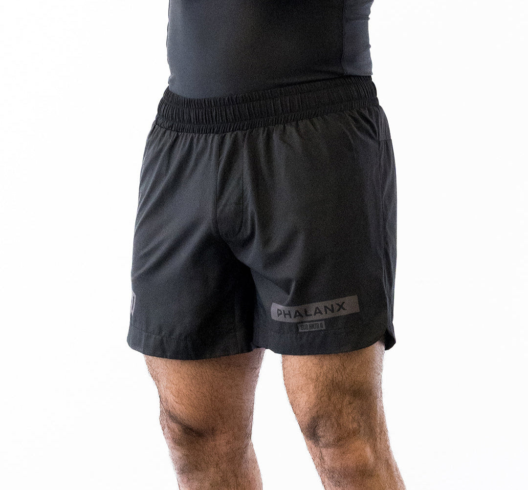 Black Phalanx jiu jitsu shorts with gray accents
