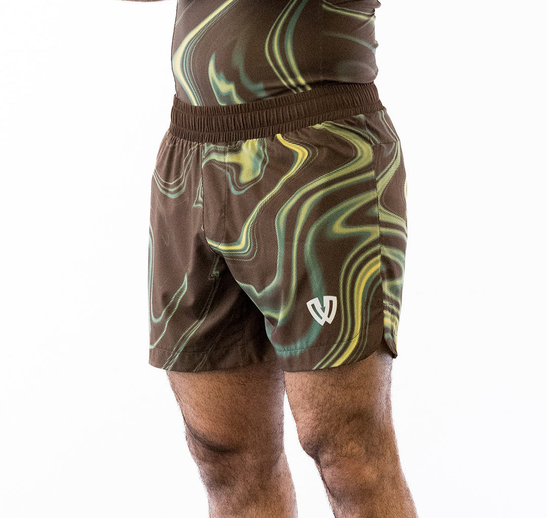 Brown and green no-gi jiu jitsu rash guard and shorts kit