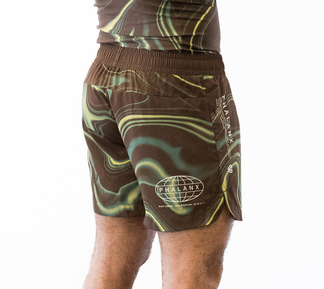 Brown and green no-gi jiu jitsu rash guard and shorts kit