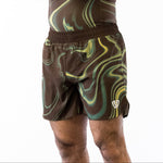 Brown and green no-gi jiu jitsu rash guard and shorts kit