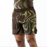 Brown and green no-gi jiu jitsu rash guard and shorts kit