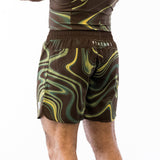 Brown and green no-gi jiu jitsu rash guard and shorts kit