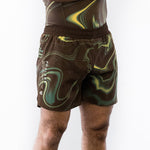 Brown and green no-gi jiu jitsu rash guard and shorts kit
