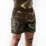 Brown and green no-gi jiu jitsu rash guard and shorts kit