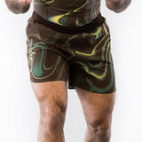 Brown and green no-gi jiu jitsu rash guard and shorts kit