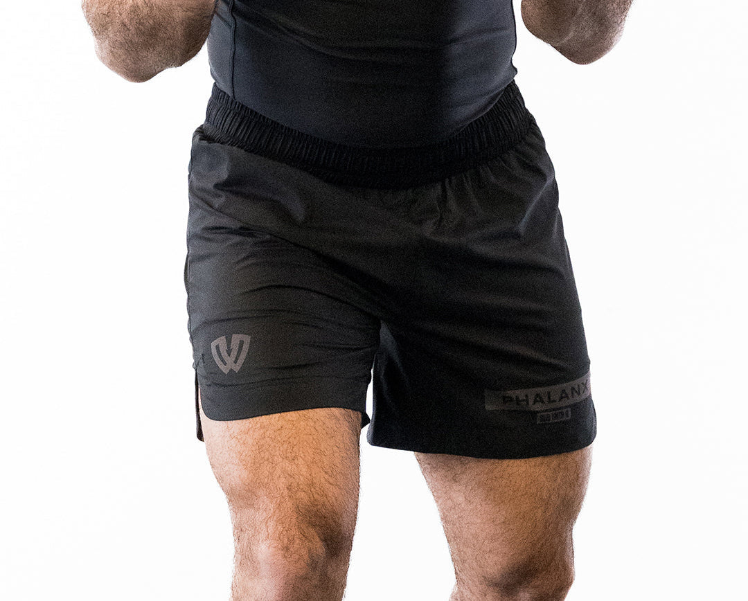 Black Phalanx jiu jitsu shorts with gray accents