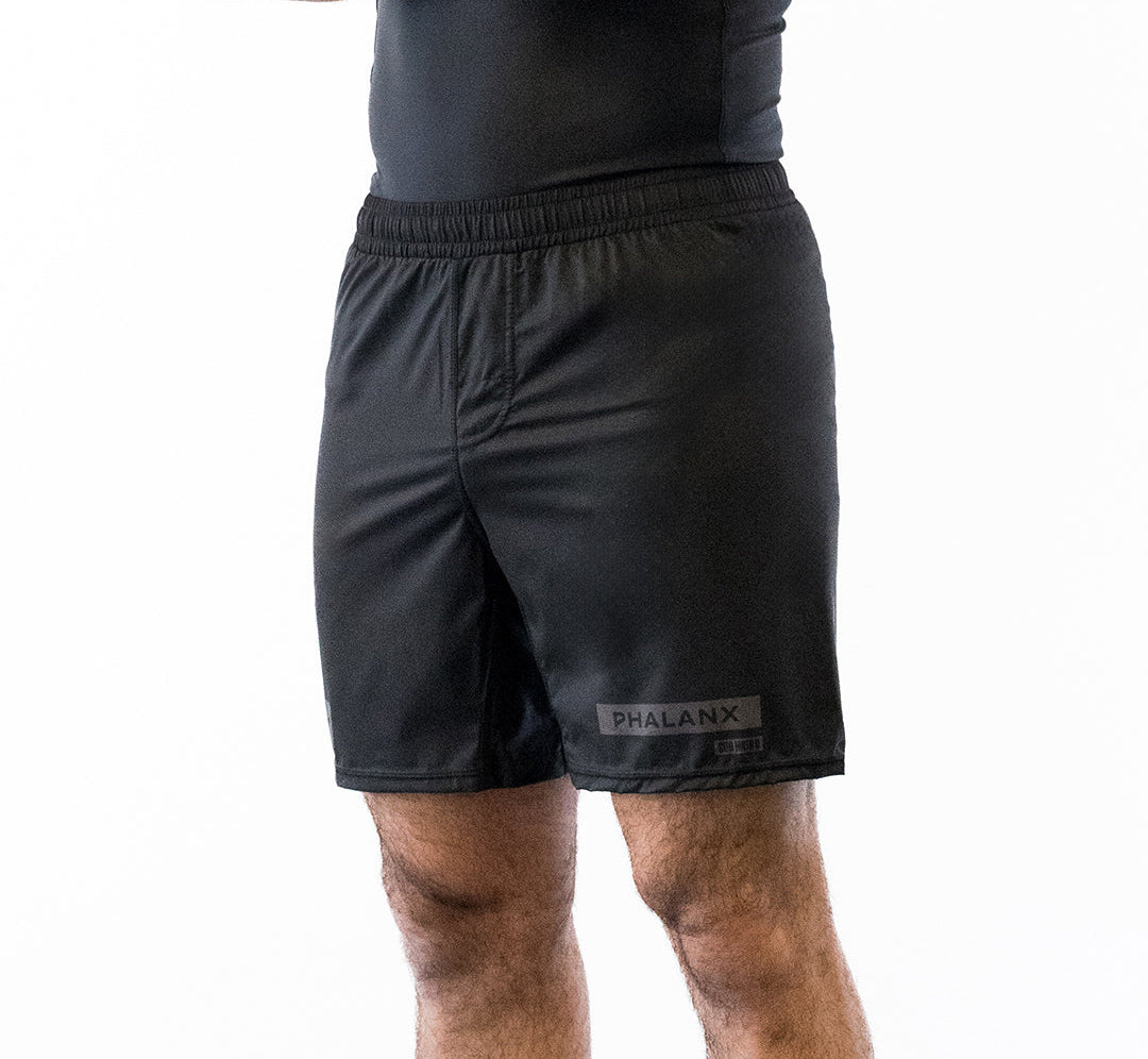 Black Phalanx jiu jitsu shorts with gray accents