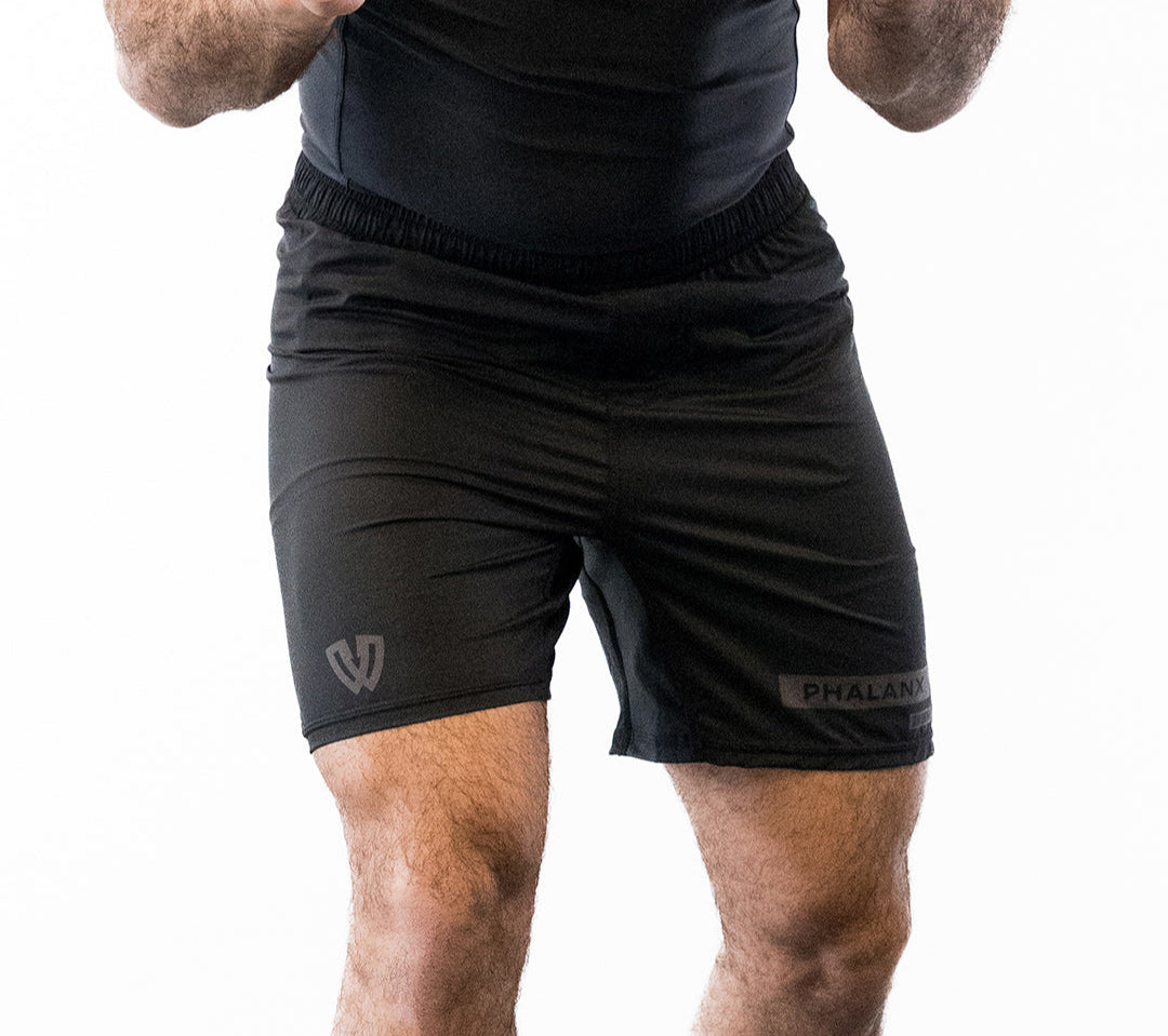 Black Phalanx jiu jitsu shorts with gray accents
