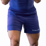 Dark purple jiu jitsu shorts with light blue accents