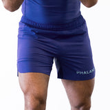 Dark purple jiu jitsu shorts with light blue accents