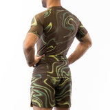 Brown and green no-gi jiu jitsu rash guard and shorts kit