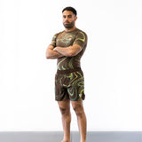 Brown and green no-gi jiu jitsu rash guard and shorts kit