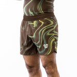Brown and green no-gi jiu jitsu rash guard and shorts kit