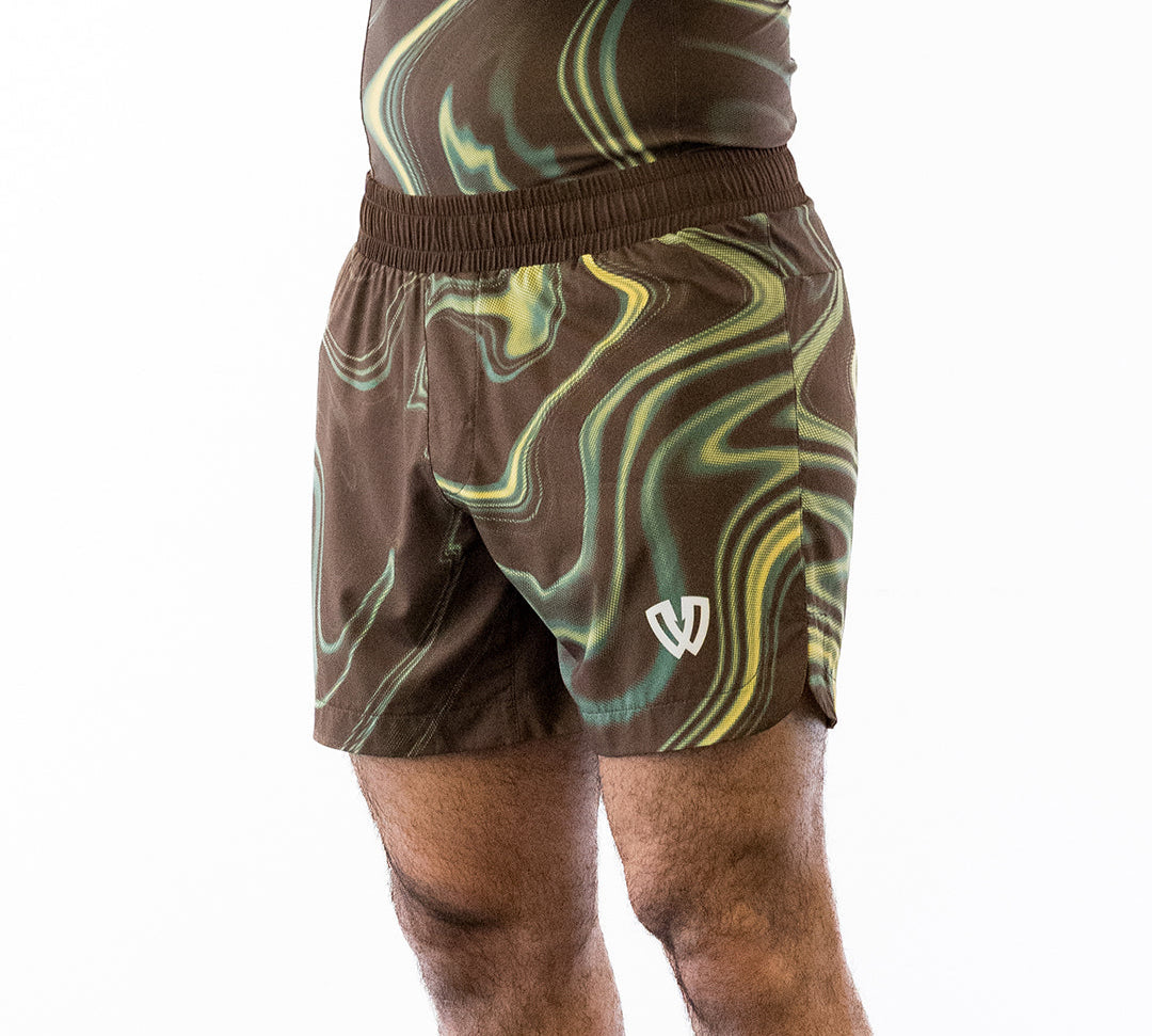 Brown and green no-gi jiu jitsu rash guard and shorts kit
