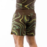 Brown and green no-gi jiu jitsu rash guard and shorts kit