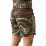 Brown and green no-gi jiu jitsu rash guard and shorts kit