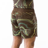 Brown and green no-gi jiu jitsu rash guard and shorts kit