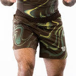 Brown and green no-gi jiu jitsu rash guard and shorts kit