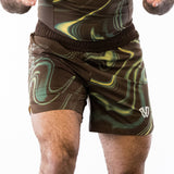 Brown and green no-gi jiu jitsu rash guard and shorts kit