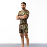 Brown and green no-gi jiu jitsu rash guard and shorts kit