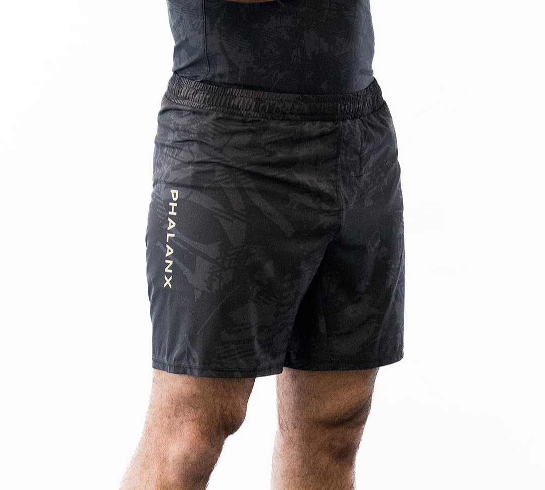 Black with gray no-gi jiu jitsu shorts