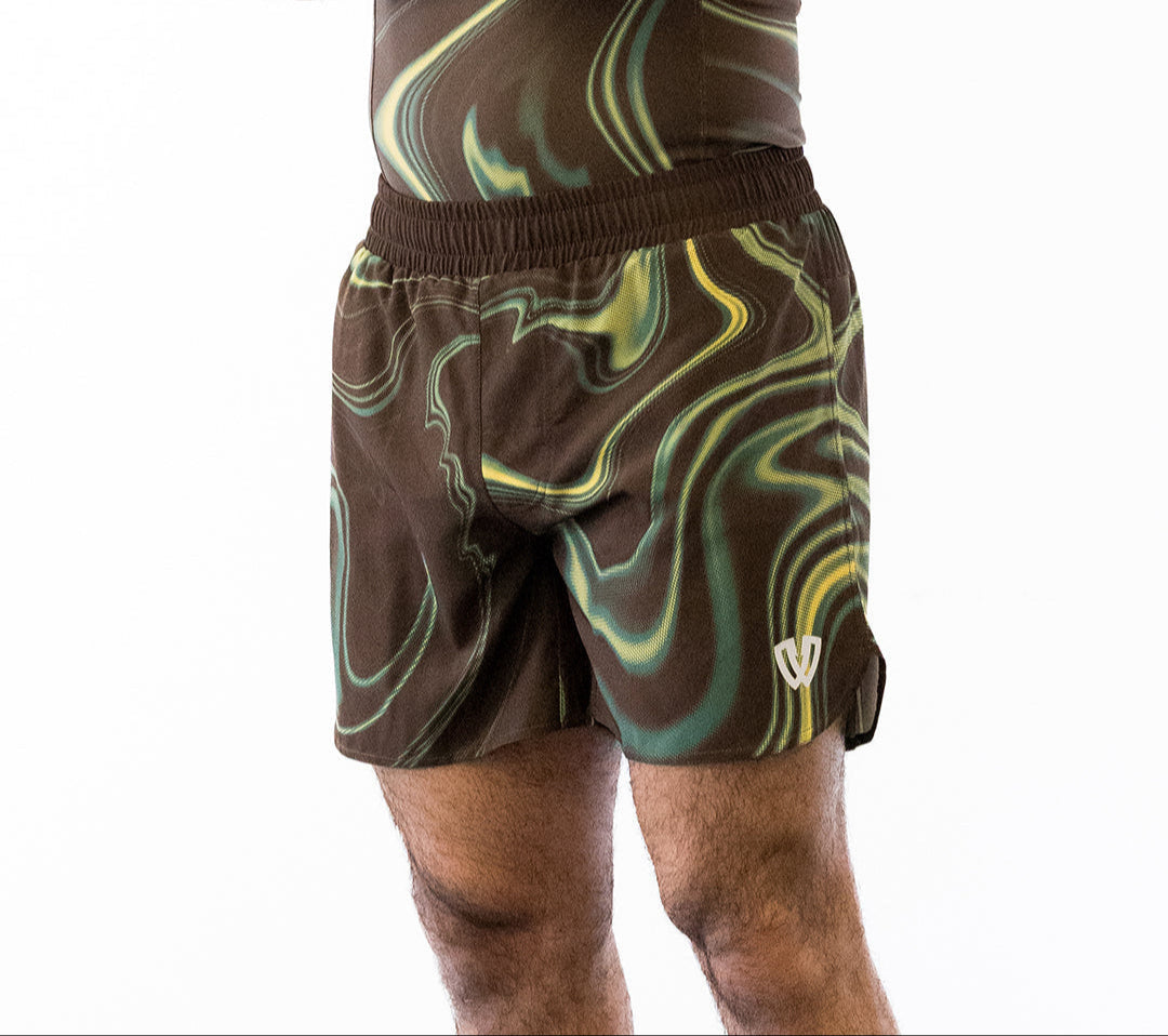 Brown and green no-gi jiu jitsu rash guard and shorts kit