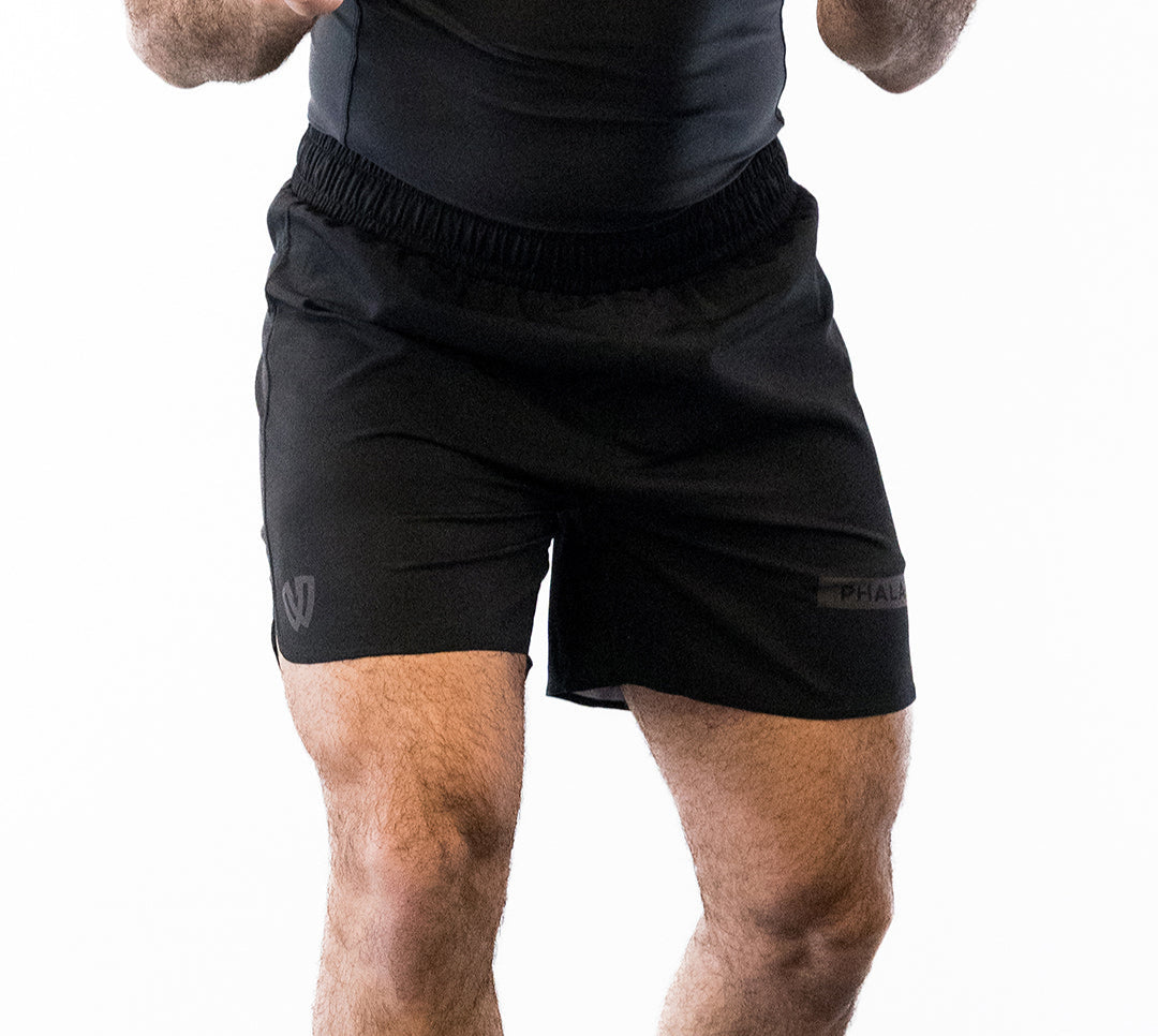 Black Phalanx jiu jitsu shorts with gray accents