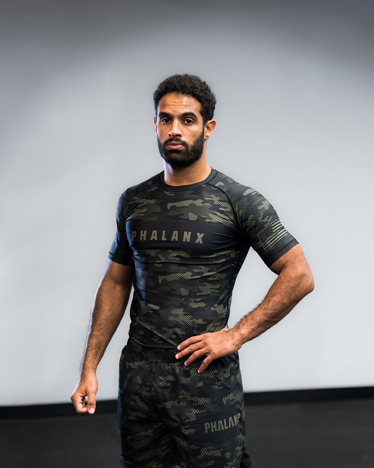 phalanx bjj rash guard for jiu jitsu and mma, perfect for no gi JJ or gi jiujitsu, short sleeve rashguard, wear at Spartan Race, Tough Mudder, Yoga - all athletics!