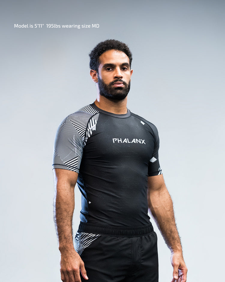 phalanx bjj rash guard for jiu jitsu and mma, perfect for no gi JJ or gi jiujitsu, short sleeve rashguard, wear at Spartan Race, Tough Mudder, Yoga - all athletics!