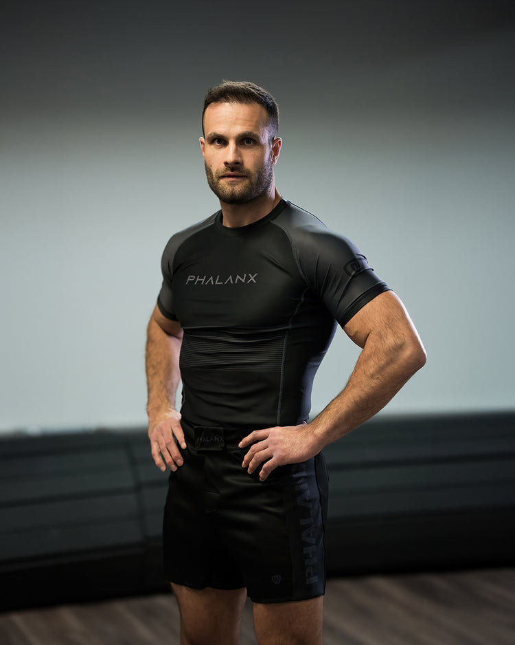 phalanx bjj rash guard for jiu jitsu and mma, perfect for no gi JJ or gi jiujitsu, short sleeve rashguard, wear at Spartan Race, Tough Mudder, Yoga - all athletics!