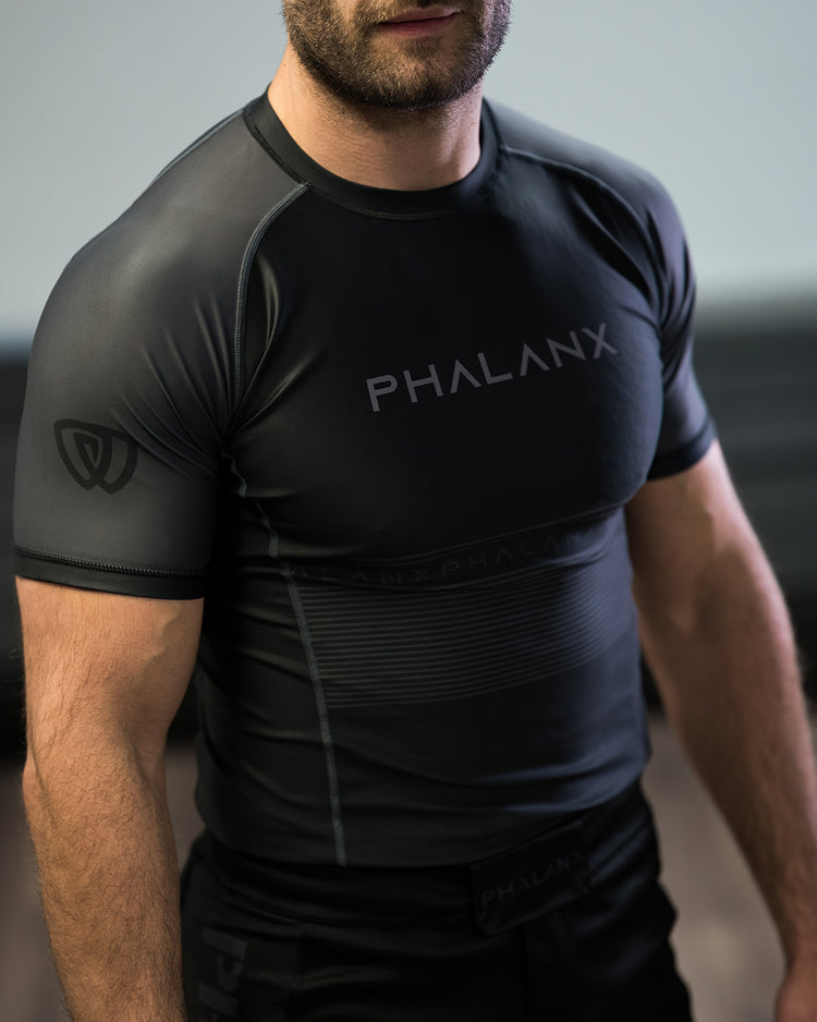 phalanx bjj rash guard for jiu jitsu and mma, perfect for no gi JJ or gi jiujitsu, short sleeve rashguard, wear at Spartan Race, Tough Mudder, Yoga - all athletics!