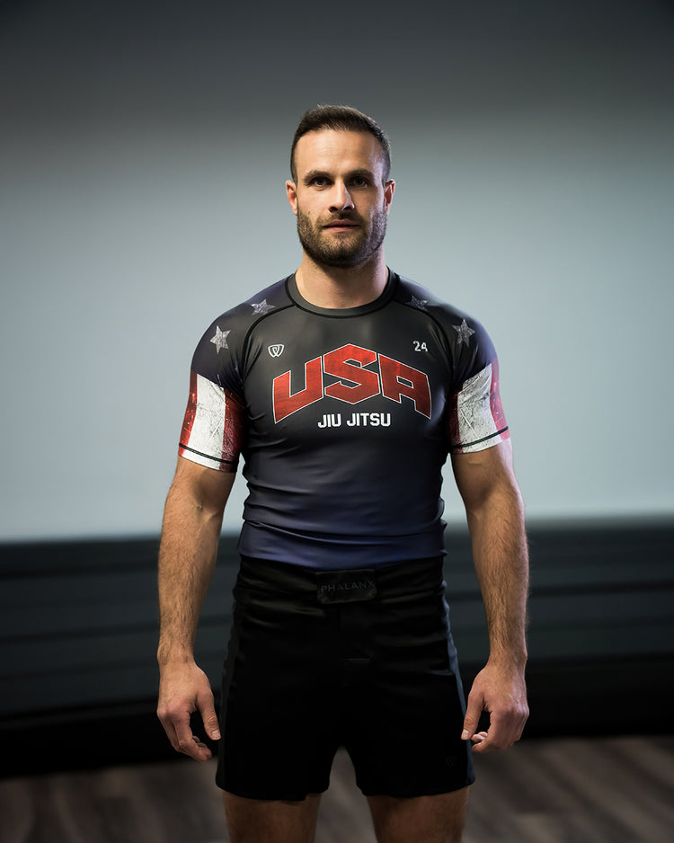 phalanx bjj rash guard for jiu jitsu and mma, perfect for no gi JJ or gi jiujitsu, short sleeve rashguard, wear at Spartan Race, Tough Mudder, Yoga - all athletics!