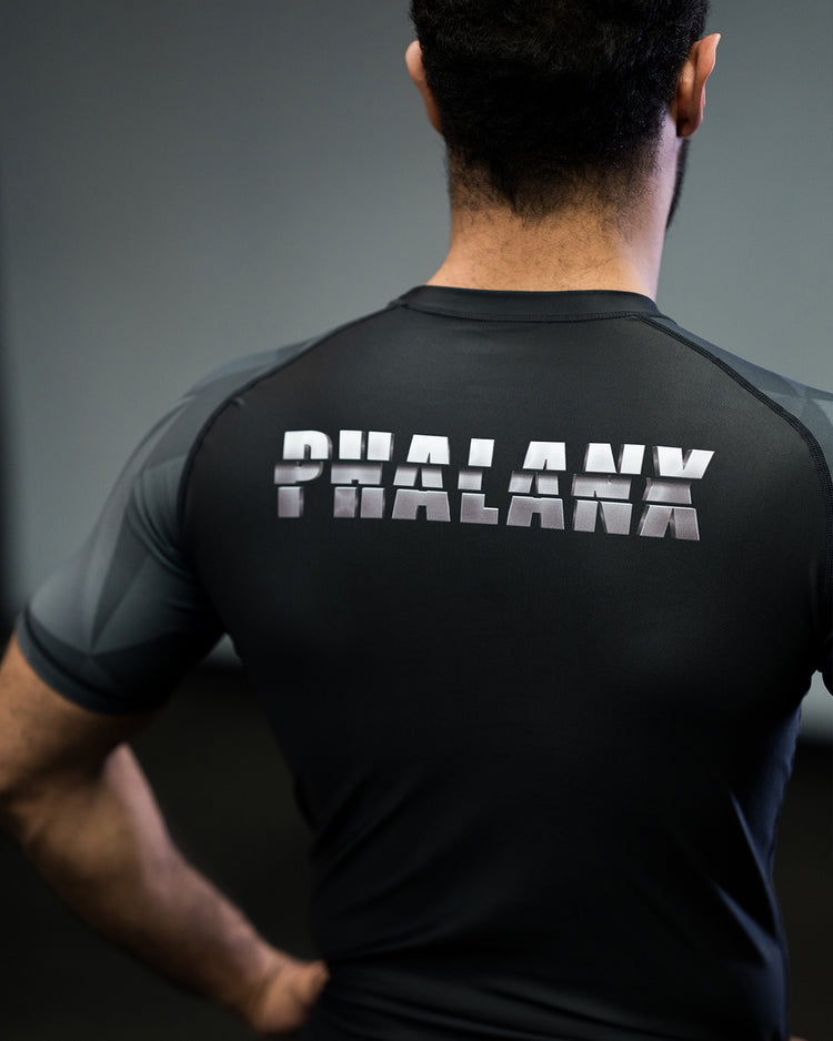 phalanx bjj rash guard for jiu jitsu and mma, perfect for no gi JJ or gi jiujitsu, short sleeve rashguard, wear at Spartan Race, Tough Mudder, Yoga - all athletics!