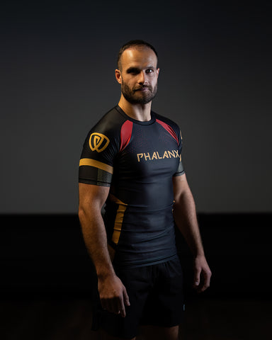 phalanx bjj rash guard for jiu jitsu and mma, perfect for no gi JJ or gi jiujitsu, short sleeve rashguard, wear at Spartan Race, Tough Mudder, Yoga - all athletics!