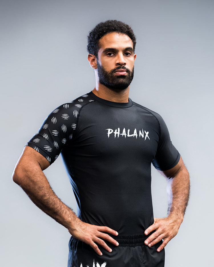 phalanx bjj rash guard for jiu jitsu and mma, perfect for no gi JJ or gi jiujitsu, short sleeve rashguard, wear at Spartan Race, Tough Mudder, Yoga - all athletics!