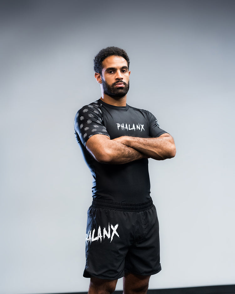 phalanx bjj rash guard for jiu jitsu and mma, perfect for no gi JJ or gi jiujitsu, short sleeve rashguard, wear at Spartan Race, Tough Mudder, Yoga - all athletics!