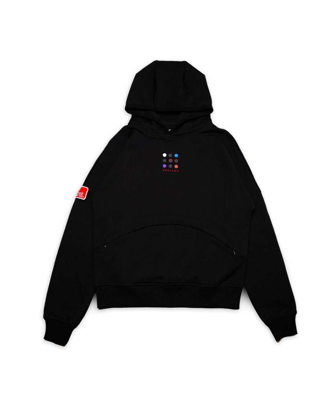Phalanx Jiu Jitsu premium black oversized hoodie with ranked print, fully enclosed front pocket & patchwork. Made from uniquely sourced premium French terry fabric. High-level Brazilian Jiu-jitsu athletic apparel, the best brand in No Gi.