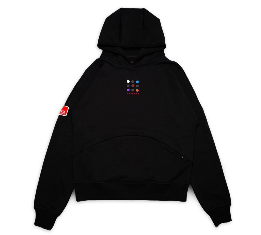 Phalanx Jiu Jitsu premium black oversized hoodie with ranked print, fully enclosed front pocket & patchwork. Made from uniquely sourced premium French terry fabric. High-level Brazilian Jiu-jitsu athletic apparel, the best brand in No Gi.
