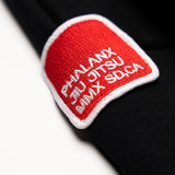 Phalanx Jiu Jitsu premium black oversized hoodie with ranked print, fully enclosed front pocket & patchwork. Made from uniquely sourced premium French terry fabric. High-level Brazilian Jiu-jitsu athletic apparel, the best brand in No Gi.