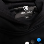 Phalanx Jiu Jitsu premium black oversized hoodie with ranked print, fully enclosed front pocket & patchwork. Made from uniquely sourced premium French terry fabric. High-level Brazilian Jiu-jitsu athletic apparel, the best brand in No Gi.