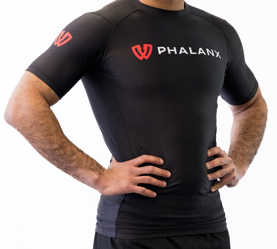 Phalanx Jiu-jitsu BJJ short-sleeve rash guard is perfect for training jiu-jitsu, no-gi grappling, MMA—mixed martial arts, Brazilian Jiu-jitsu, wrestling, and judo. It is also perfect for no-gi JJ or gi jiu-jitsu, and it can be worn at Spartan Race, Tough Mudder, Yoga—all athletics!