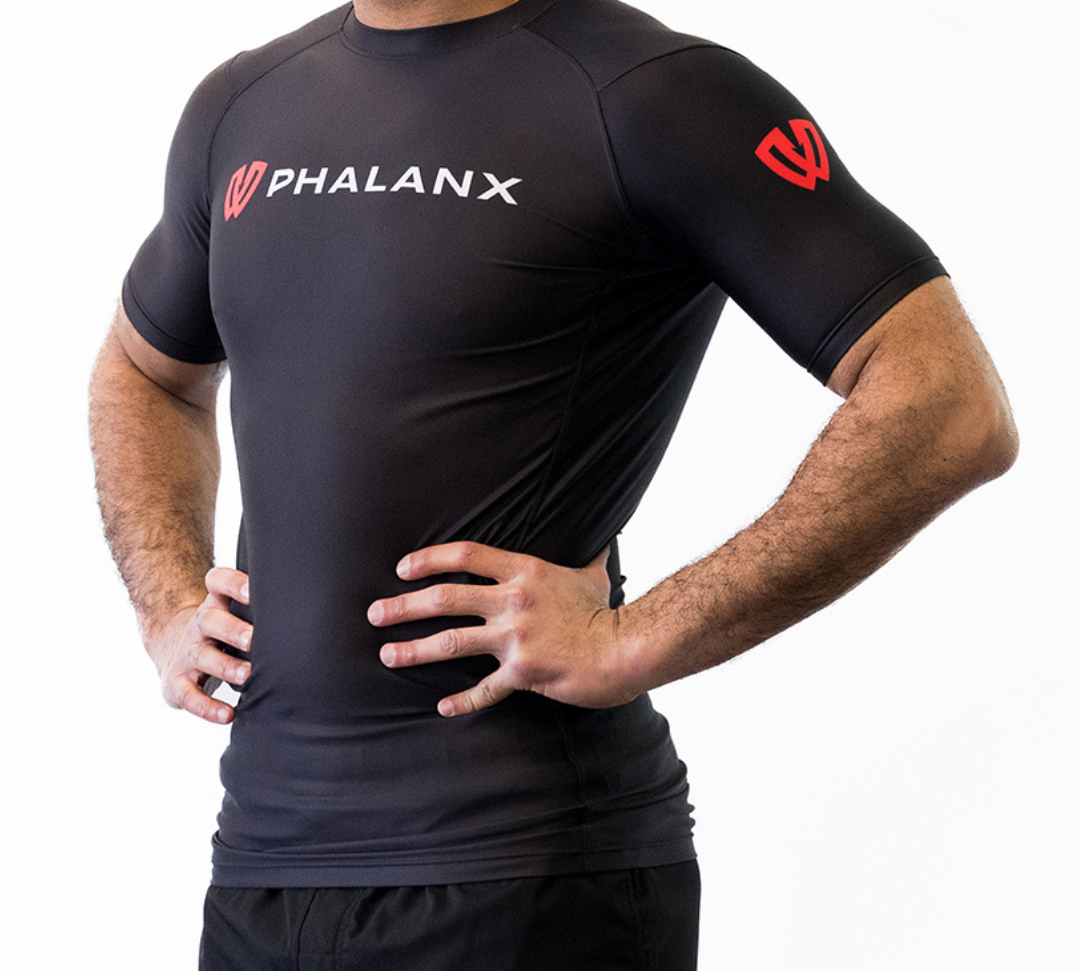 Phalanx Jiu-jitsu BJJ short-sleeve rash guard is perfect for training jiu-jitsu, no-gi grappling, MMA—mixed martial arts, Brazilian Jiu-jitsu, wrestling, and judo. It is also perfect for no-gi JJ or gi jiu-jitsu, and it can be worn at Spartan Race, Tough Mudder, Yoga—all athletics!