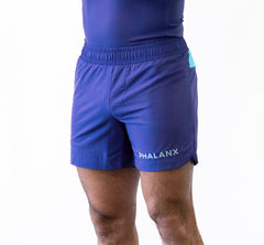 Dark purple jiu jitsu shorts with light blue accents