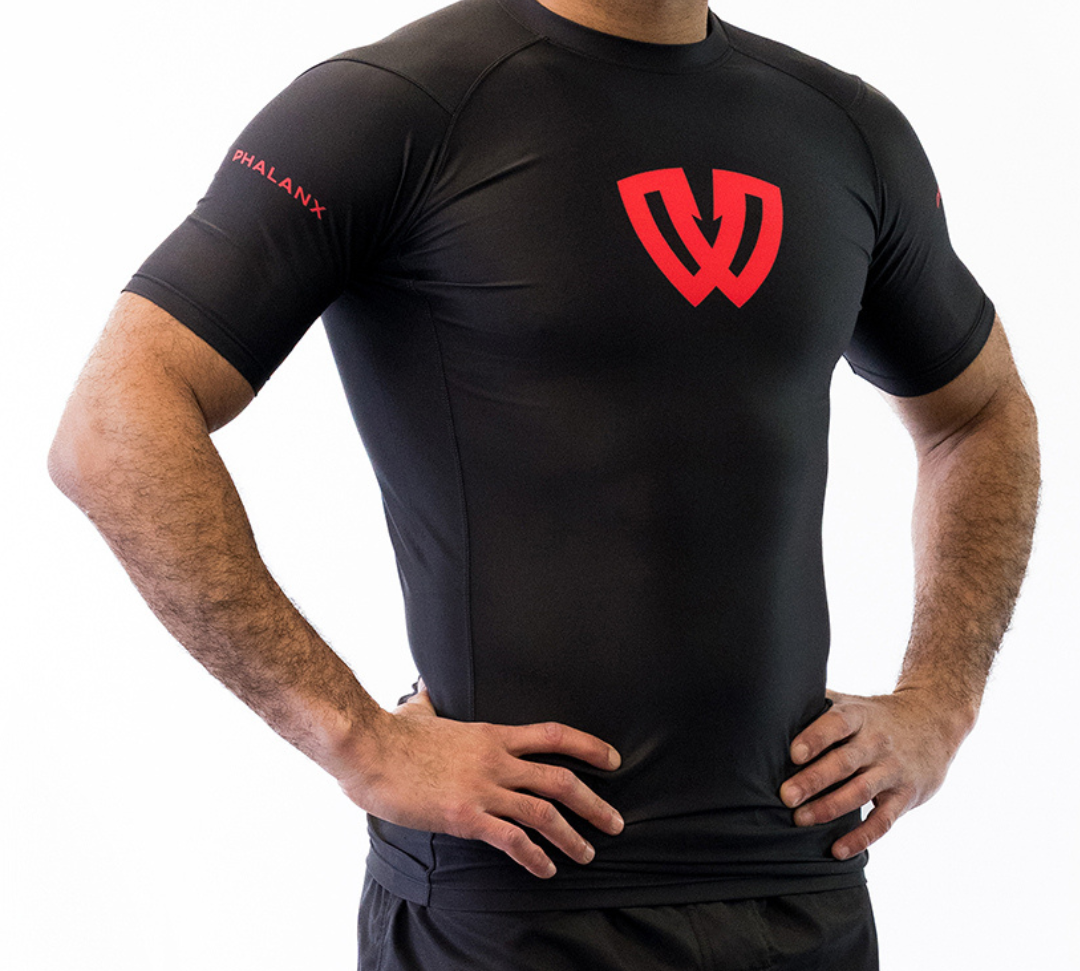Phalanx Jiu-jitsu BJJ short-sleeve rash guard is perfect for training jiu-jitsu, no-gi grappling, MMA—mixed martial arts, Brazilian Jiu-jitsu, wrestling, and judo. It is also perfect for no-gi JJ or gi jiu-jitsu, and it can be worn at Spartan Race, Tough Mudder, Yoga—all athletics!