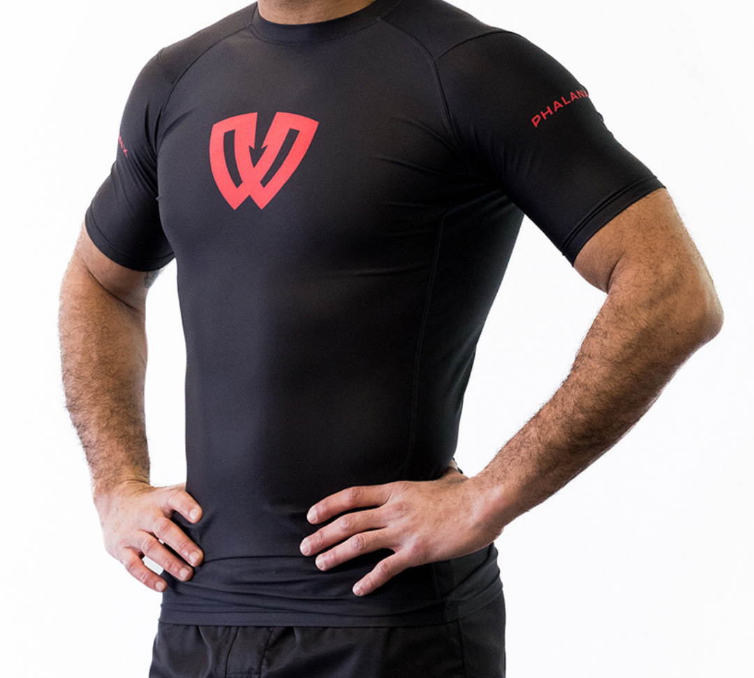 Phalanx Jiu-jitsu BJJ short-sleeve rash guard is perfect for training jiu-jitsu, no-gi grappling, MMA—mixed martial arts, Brazilian Jiu-jitsu, wrestling, and judo. It is also perfect for no-gi JJ or gi jiu-jitsu, and it can be worn at Spartan Race, Tough Mudder, Yoga—all athletics!