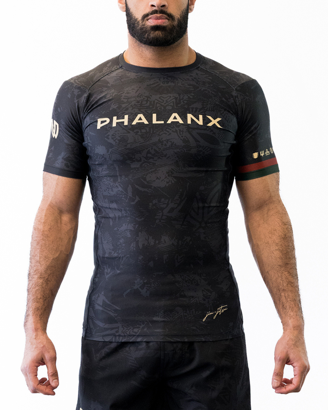 Phalanx Jiu-jitsu BJJ short-sleeve rash guard is perfect for training jiu-jitsu, no-gi grappling, MMA—mixed martial arts, Brazilian Jiu-jitsu, wrestling, and judo. It is also perfect for no-gi JJ or gi jiu-jitsu, and it can be worn at Spartan Race, Tough Mudder, Yoga—all athletics!