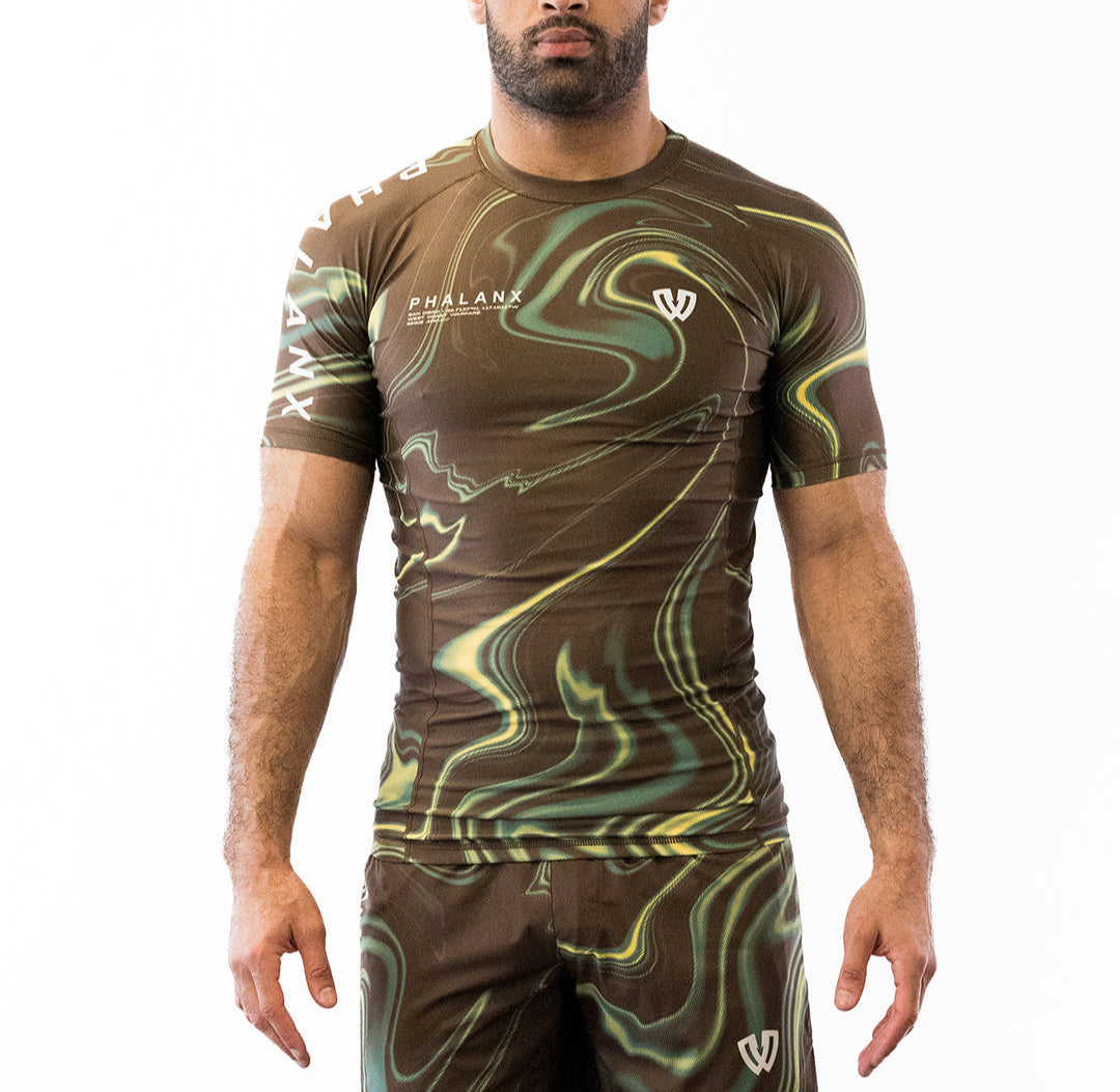 Brown and green no-gi jiu jitsu rash guard and shorts kit