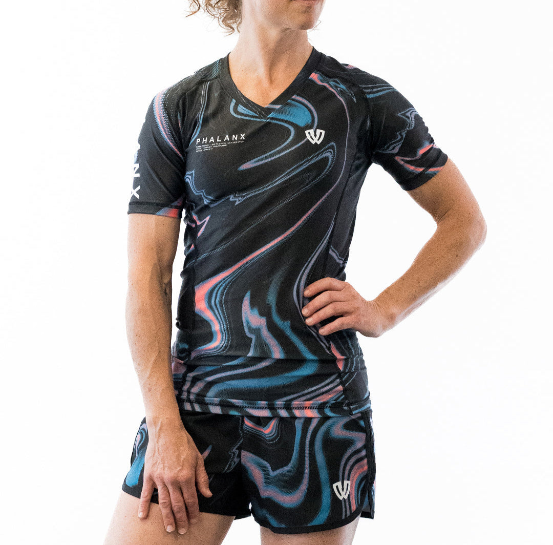 Black with swirls women's jiu jitsu rash guard