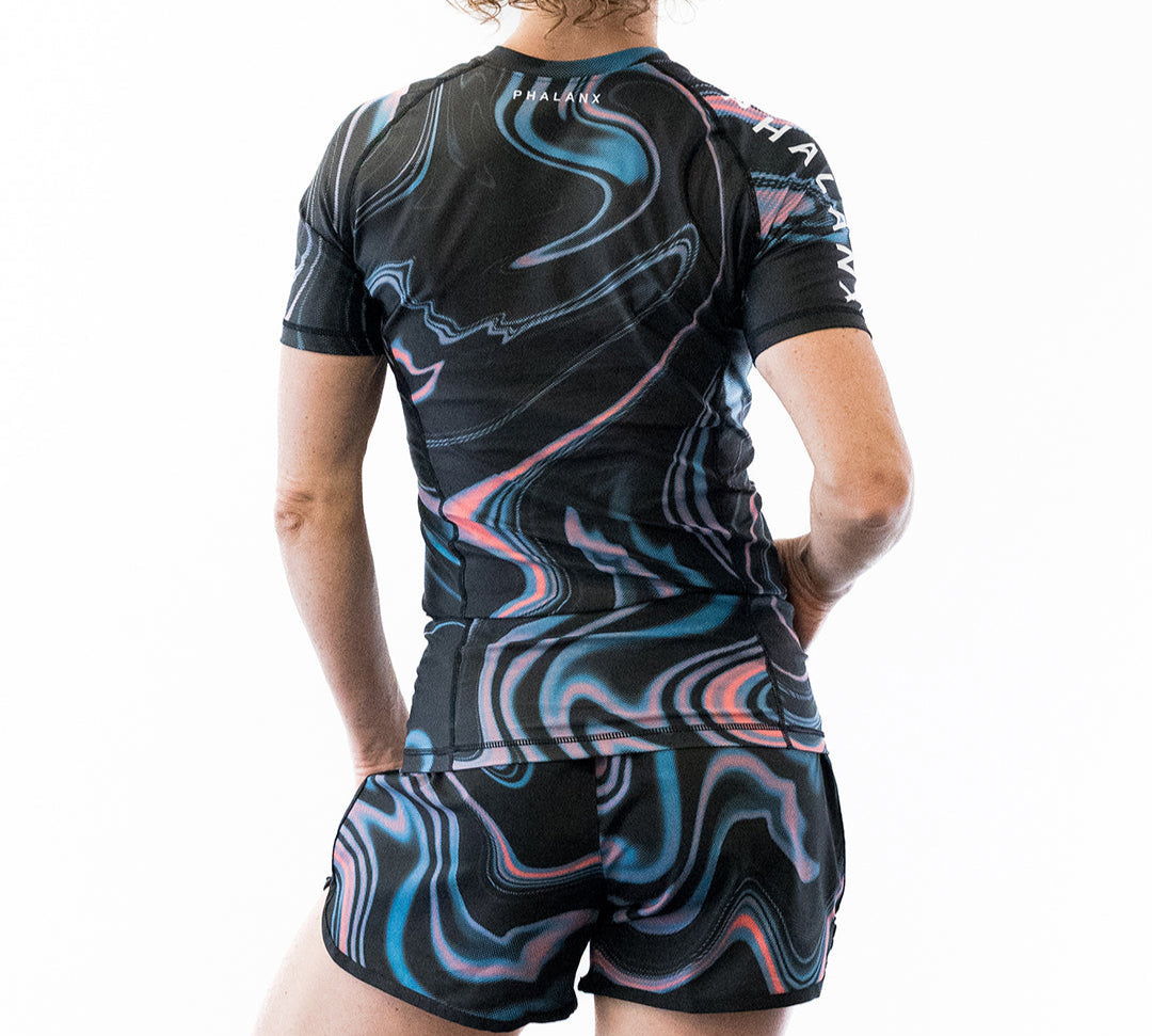 Black with swirls women's jiu jitsu rash guard